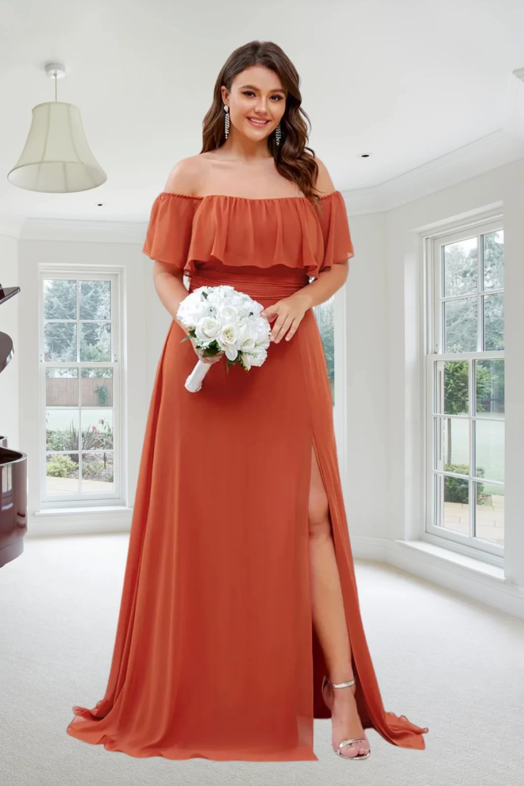 RUTHIE, Plus Size Hasított Maxi Ruha, TÜZES-NARANCS