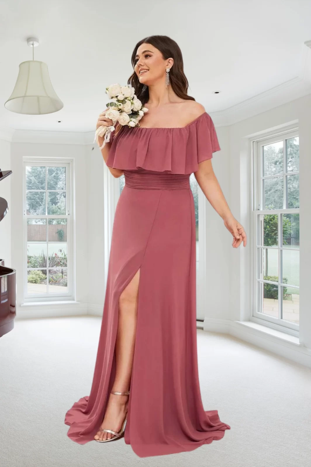 RUTHIE, Plus Size Hasított Maxi Ruha SÖTÉT-MÁLYVA