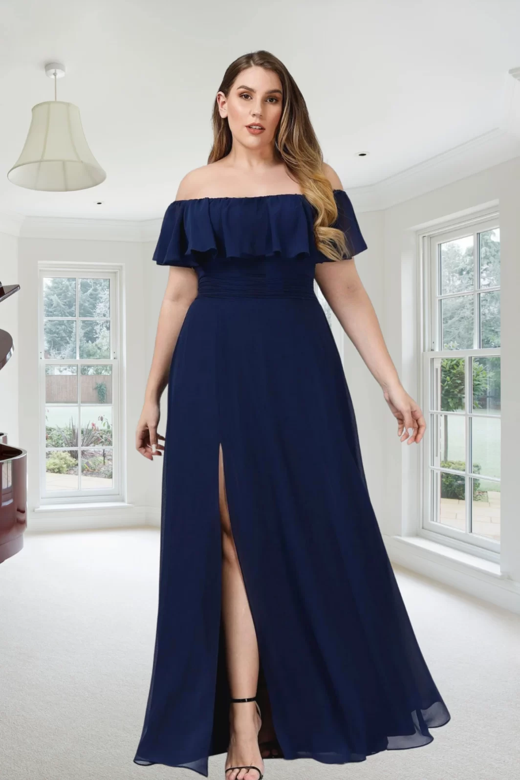 RUTHIE, Plus Size Hasított Maxi Ruha NAVY