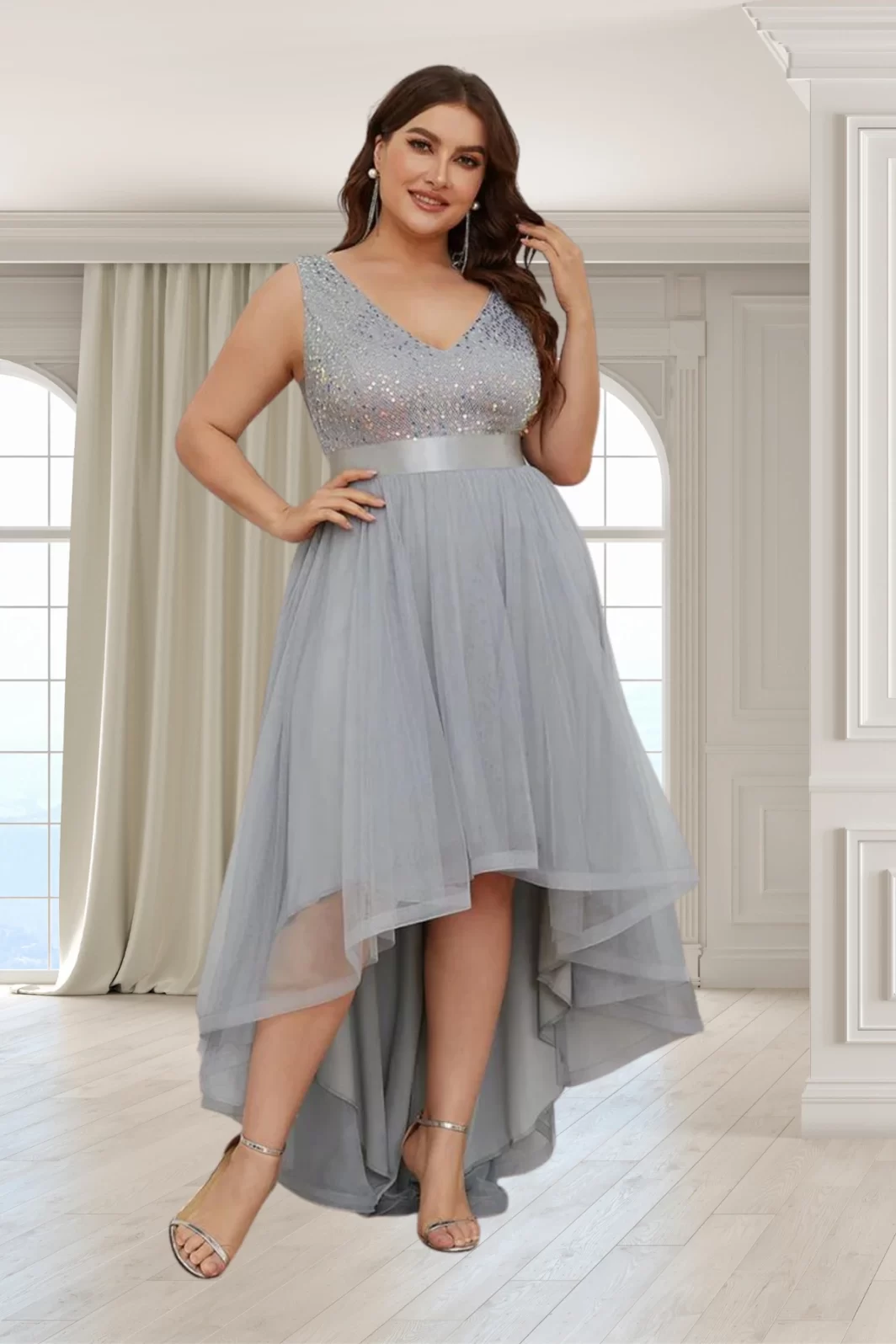 BRICE, Flitteres Plus Size Tüll Ruha EZÜST