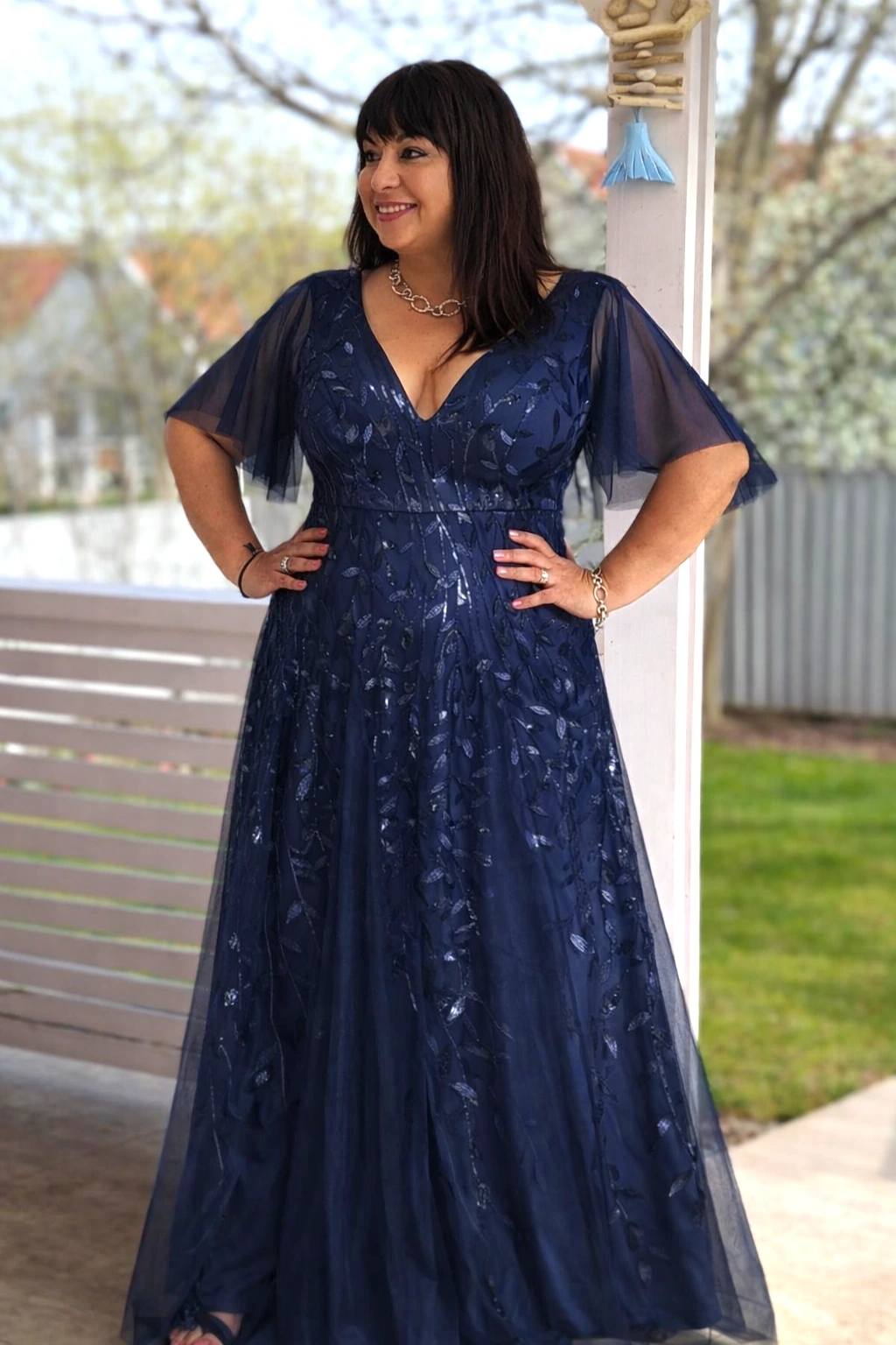 LEANA, A-vonalú Flitteres Tüll Maxi Ruha NAVY