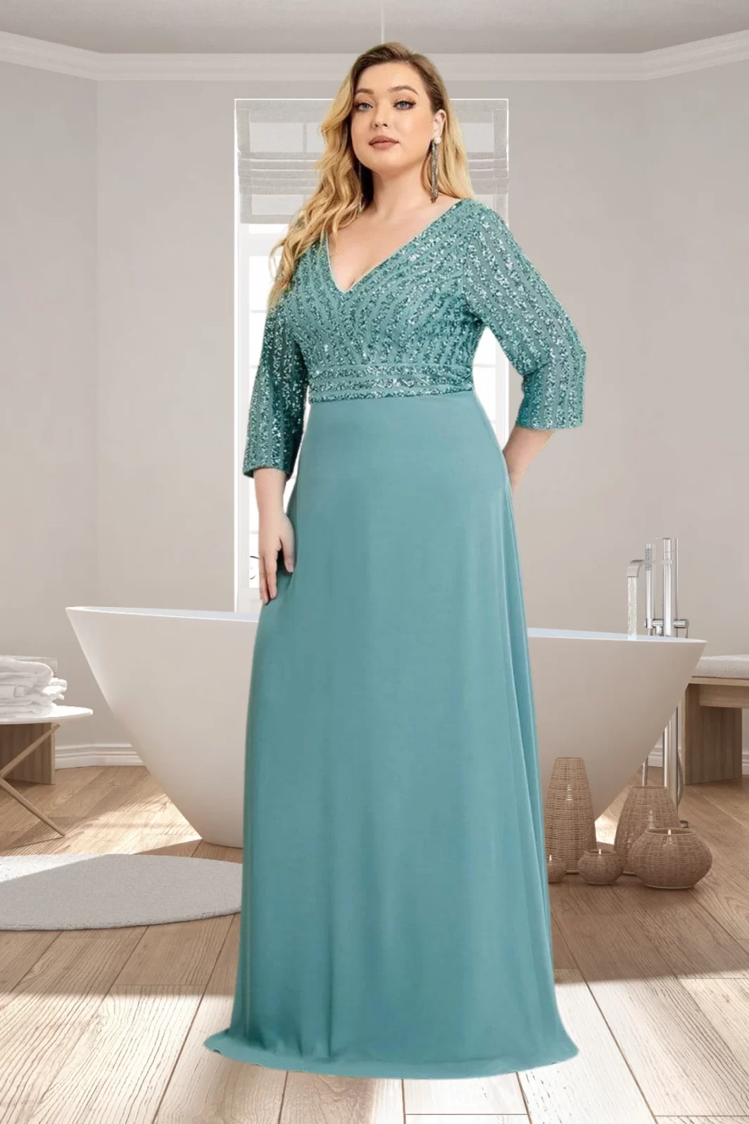 PÉNÉLOPE, Nagyméretű Flitteres Estélyi ruha TAVASZKÉK