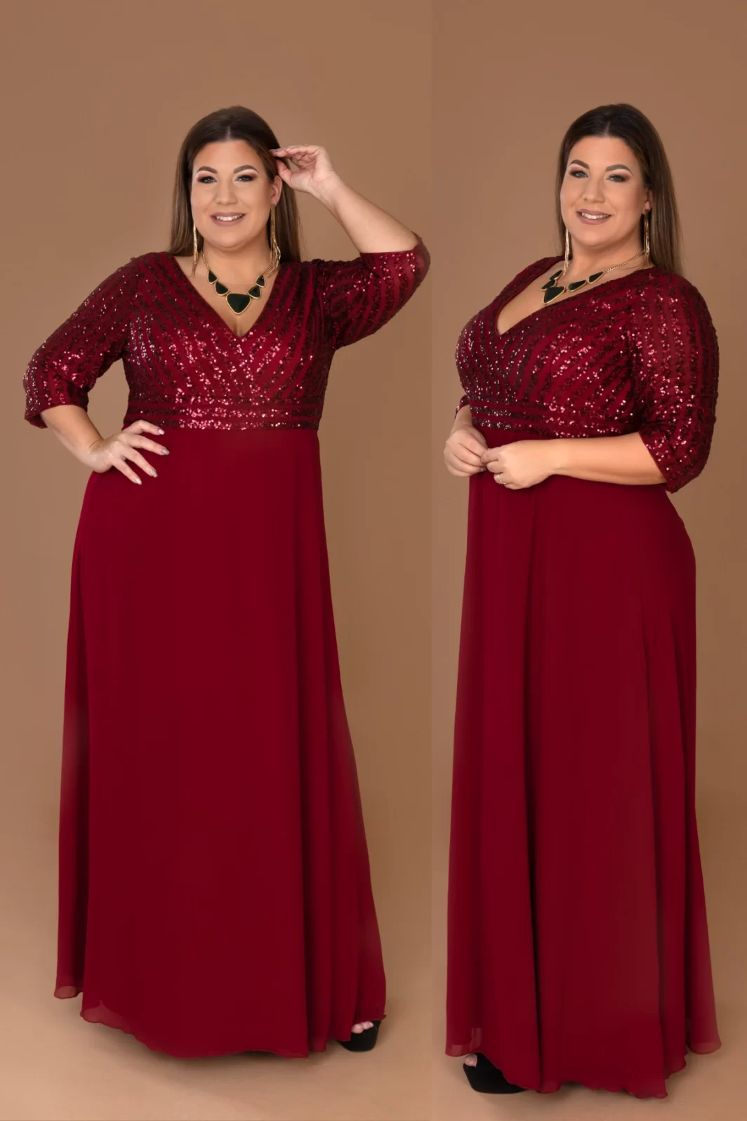 PÉNÉLOPE, Nagyméretű Flitteres Estélyi ruha BURGUNDI