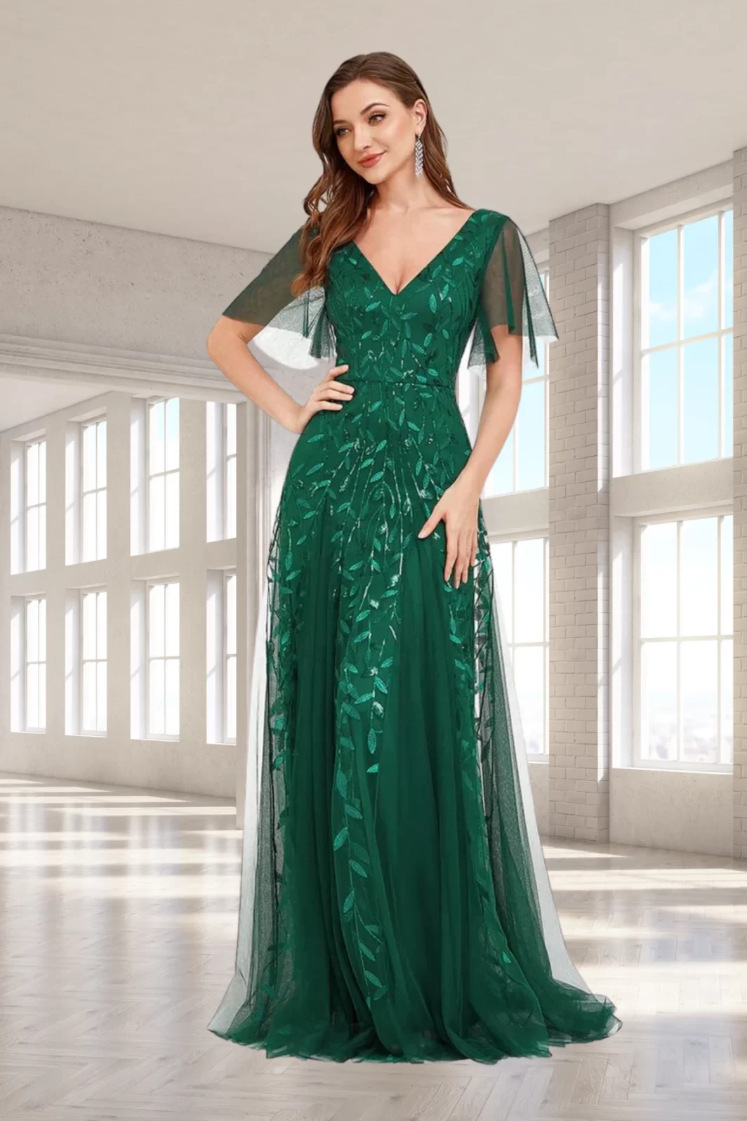 LEANA, Flitteres Tüll Maxi Ruha SÖTÉTZÖLD