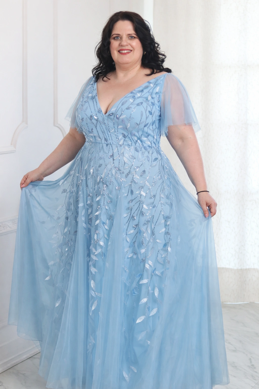 LEANA, A-vonalú Flitteres Tüll Maxi Ruha ÉGKÉK