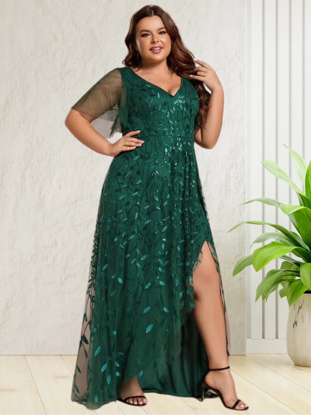 ELINA, A-vonalú, Sliccelt Flitteres PLUS SIZE Tüll Koktélruha SÖTÉTZÖLD