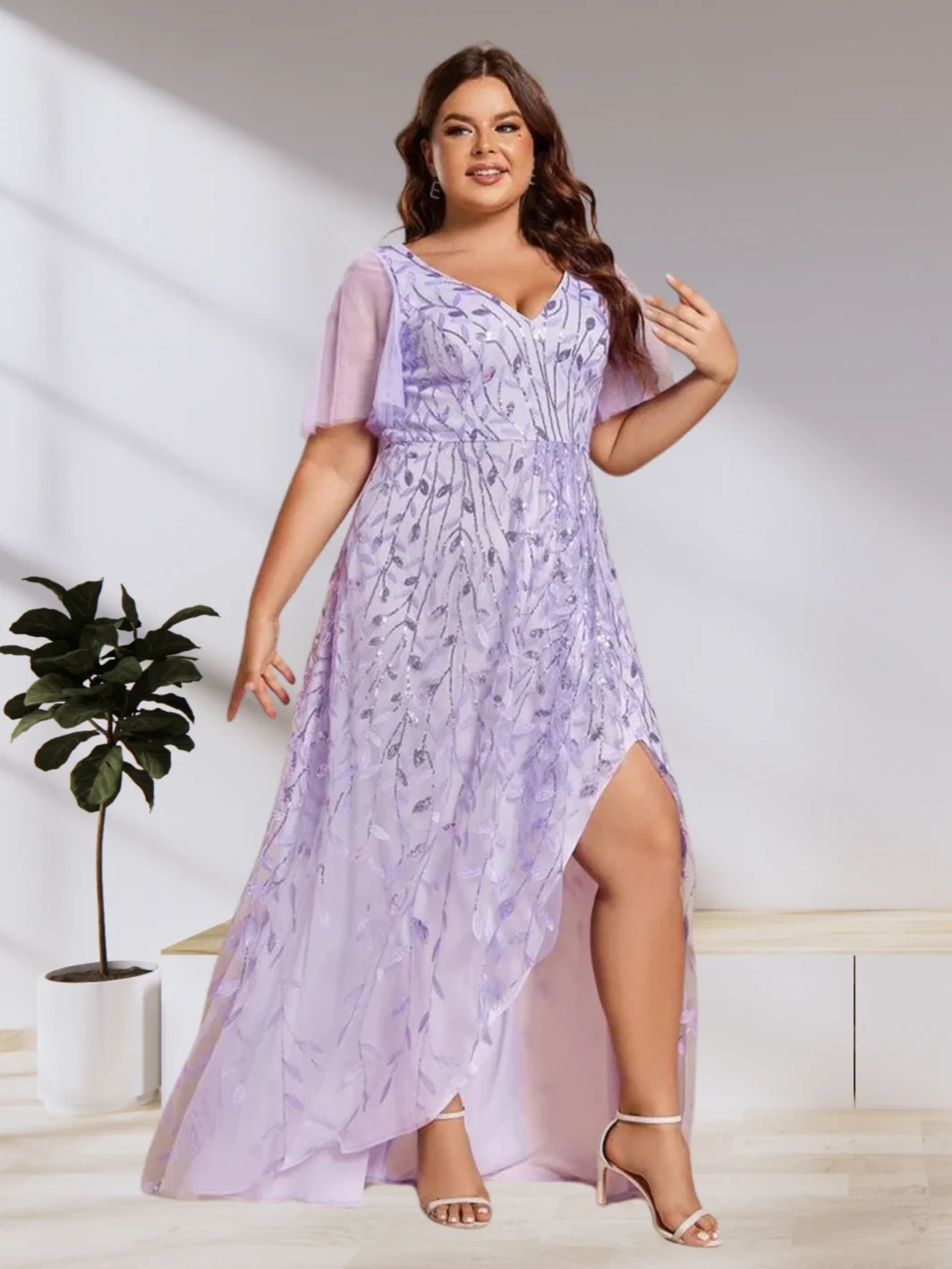 ELINA, A-vonalú, Sliccelt Flitteres PLUS SIZE Tüll Koktélruha LEVENDULA