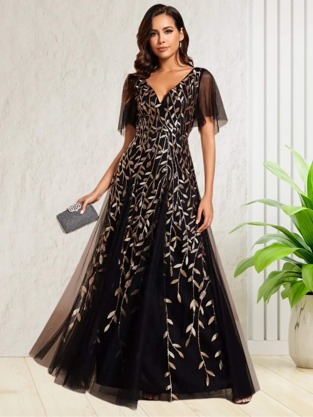 LEANA, A-vonalú Flitteres Tüll Maxi Ruha FEKETE ARANY 36-54-es méretig