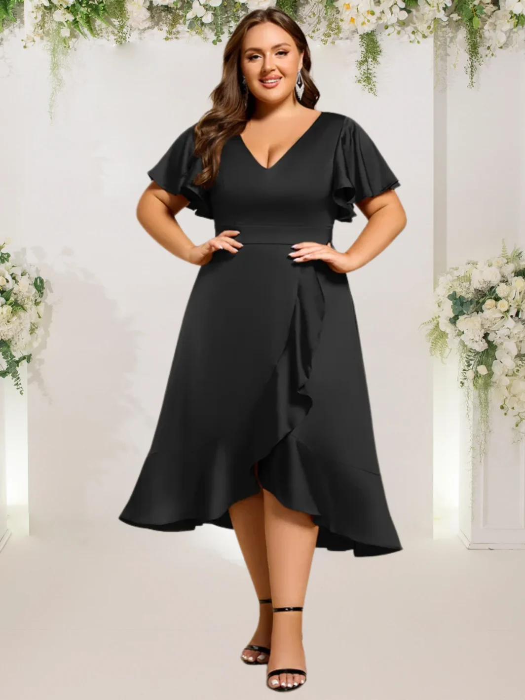 AMELITTA, Plus Size Fodros SZATÉN koktélruha SZÉNFEKETE