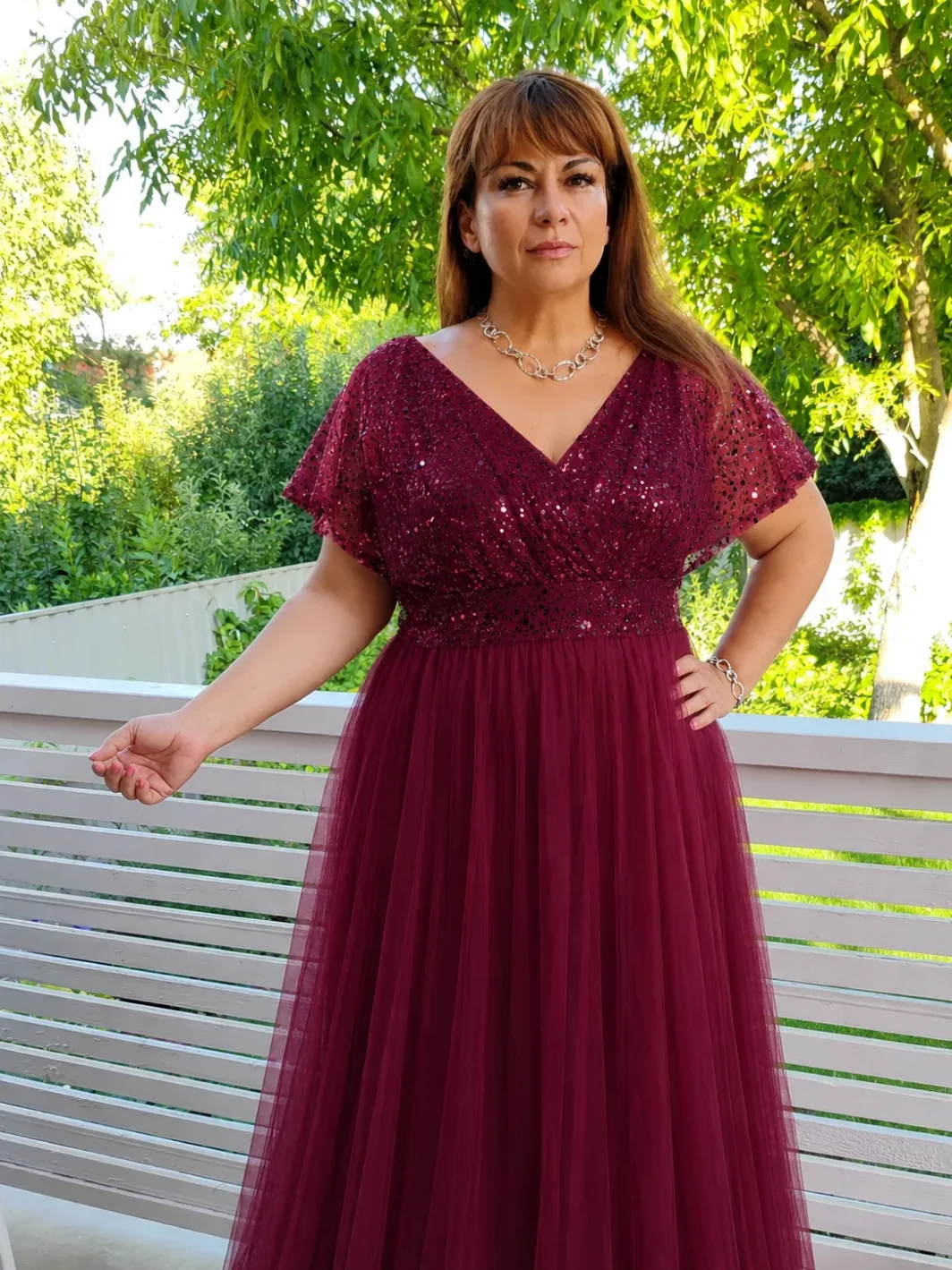 BEATRIX, Plus Size Alkalmi Maxi Ruha, burgundy 46-54-ig