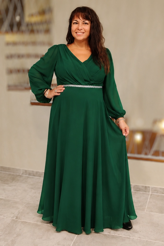1 VICTORIA, Alkalmi Plus size Maxi Ruha Strasszövvel ZÖLD 40-54-ig