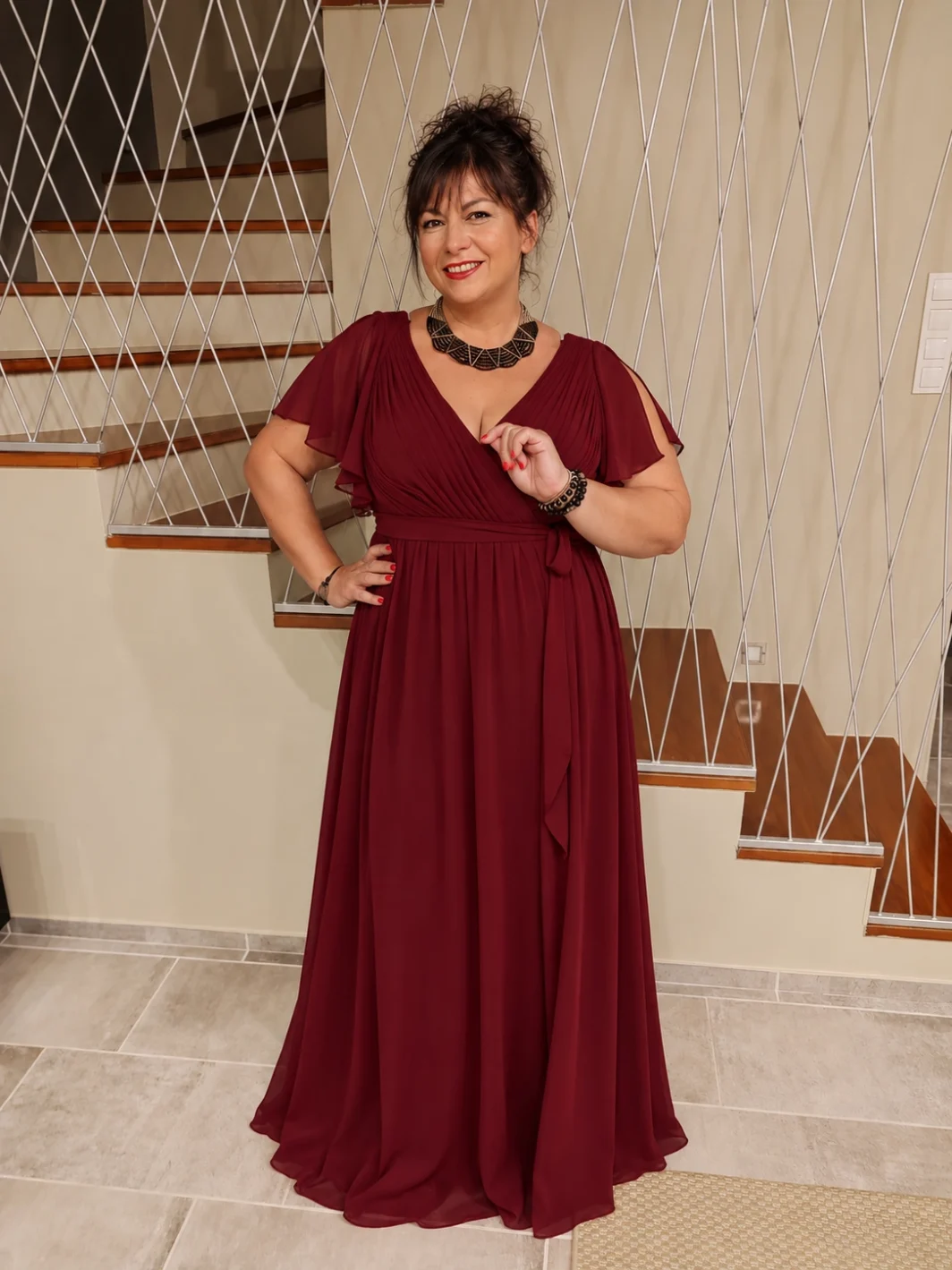 ISABELL, Plus size Alkalmi Maxi Ruha Burgundy 40-54-es méretig