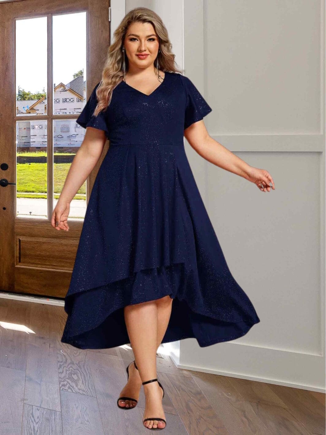 LUNA Glitteres anyagú koktélruha NAVY PLUS SIZE