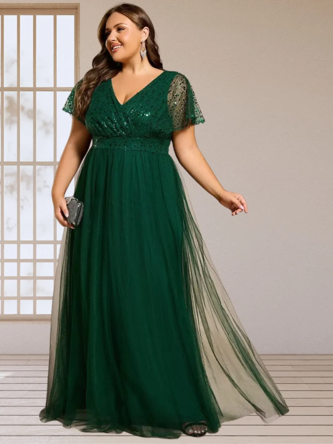 BEATRIX, Plus Size Alkalmi Maxi Ruha, Sötétzöld