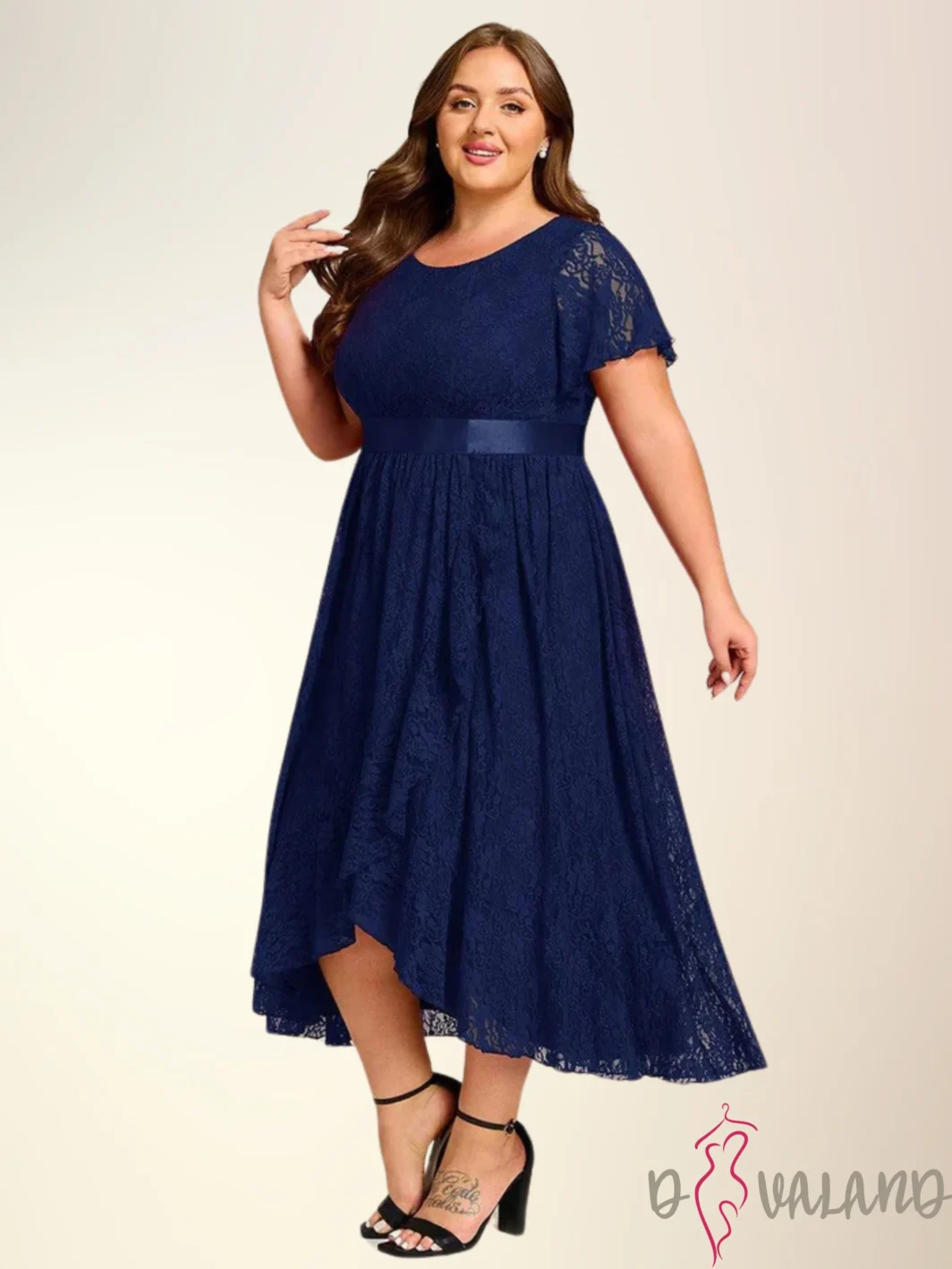 1 VERONICA, Plus Size Csipkés Koktélruha szaténövvel SÖTÉTKÉK (navy)