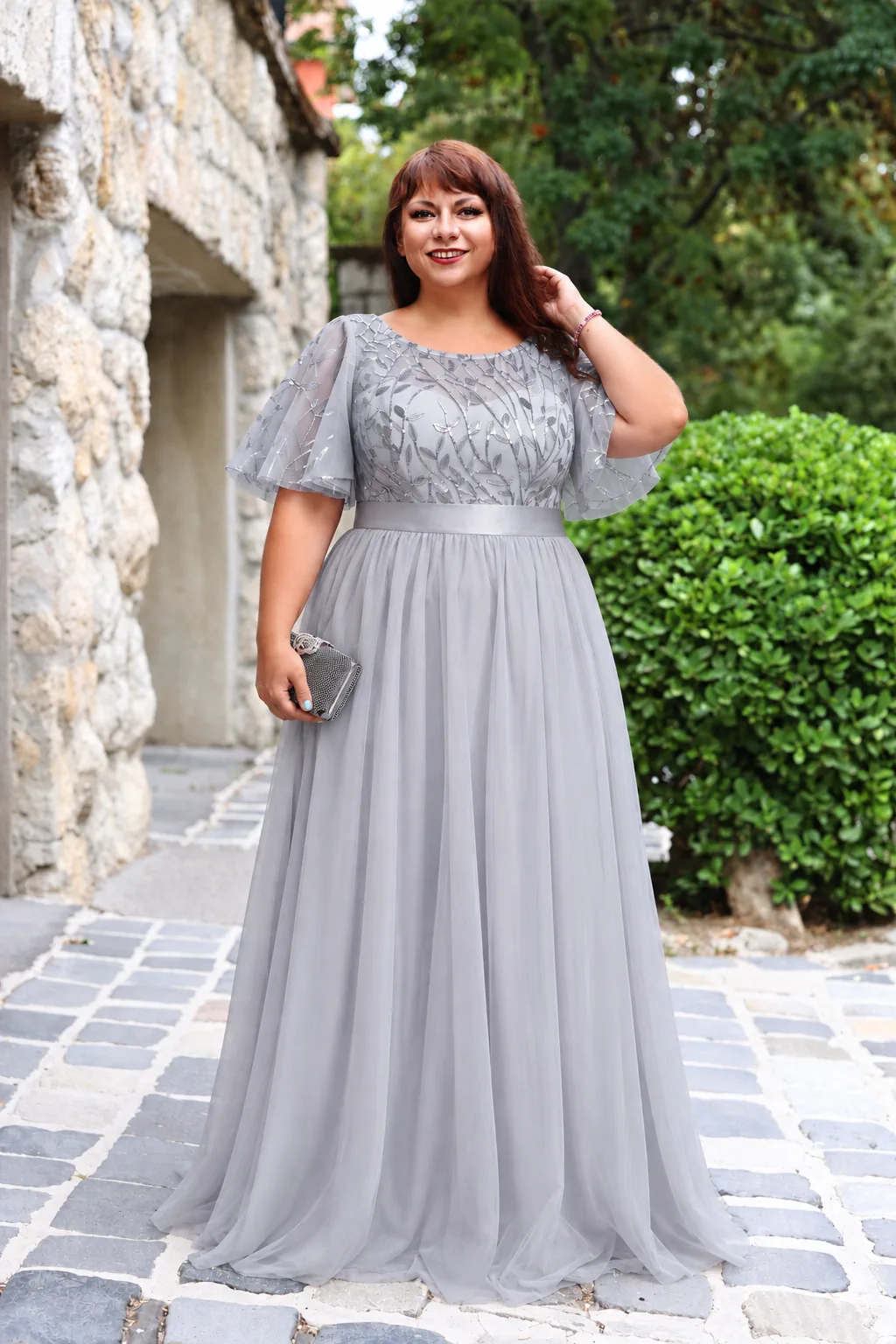 CASSANDRA Flitteres, tüll, elegáns maxi ruha GRAFIT/EZÜST 36-54-es méretig