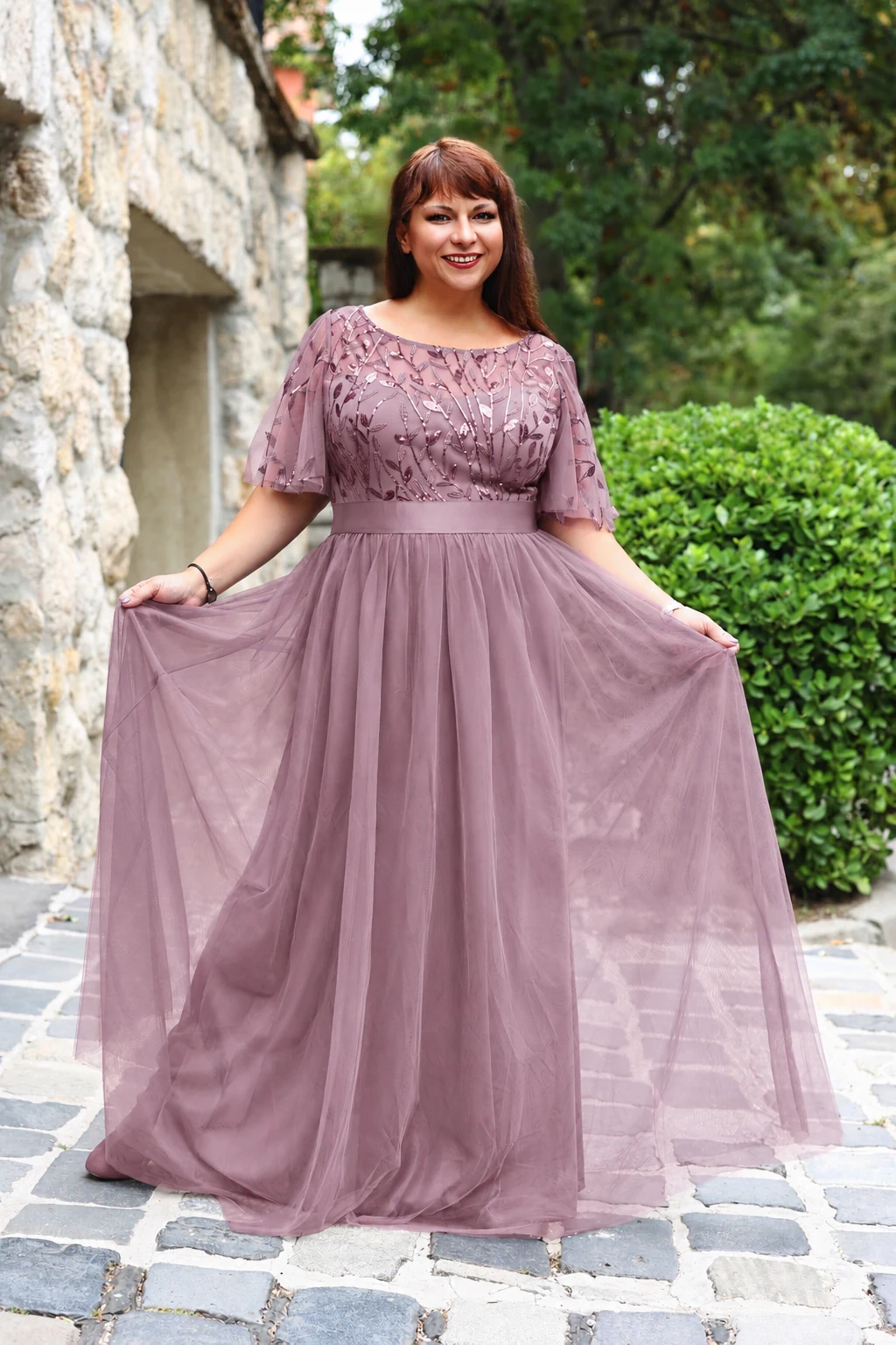 CASSANDRA Flitteres, tüll, elegáns maxi ruha ORCHIDEA