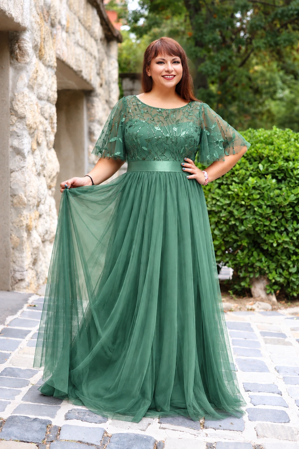 CASSANDRA Flitteres, tüll, elegáns maxi ruha Eukaliptusz