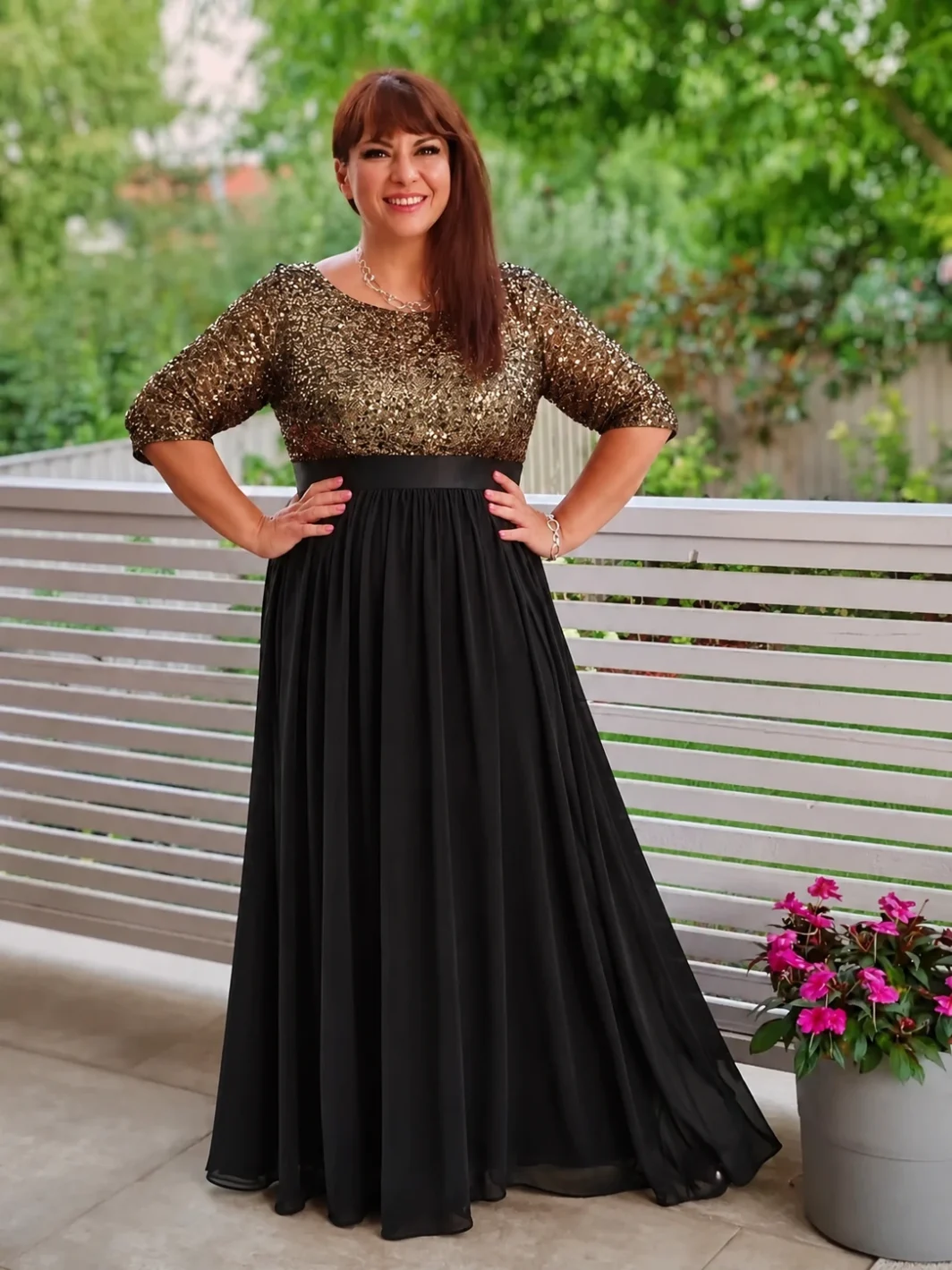 CHARLINE, Plus Size Flitteres Alkalmi Maxi Ruha FEKETE-ARANY 50-es méret KÉSZLETEN