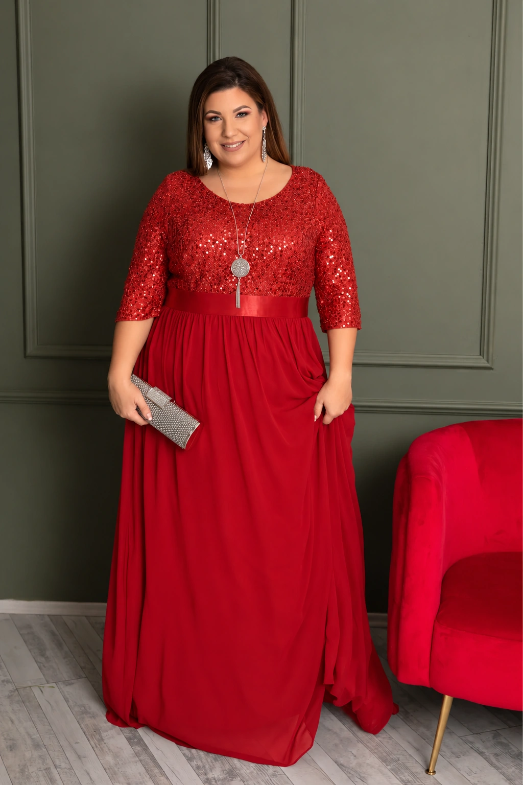 CHARLINE, Plus Size Flitteres Alkalmi Maxi Ruha PIROS 48-56-ig