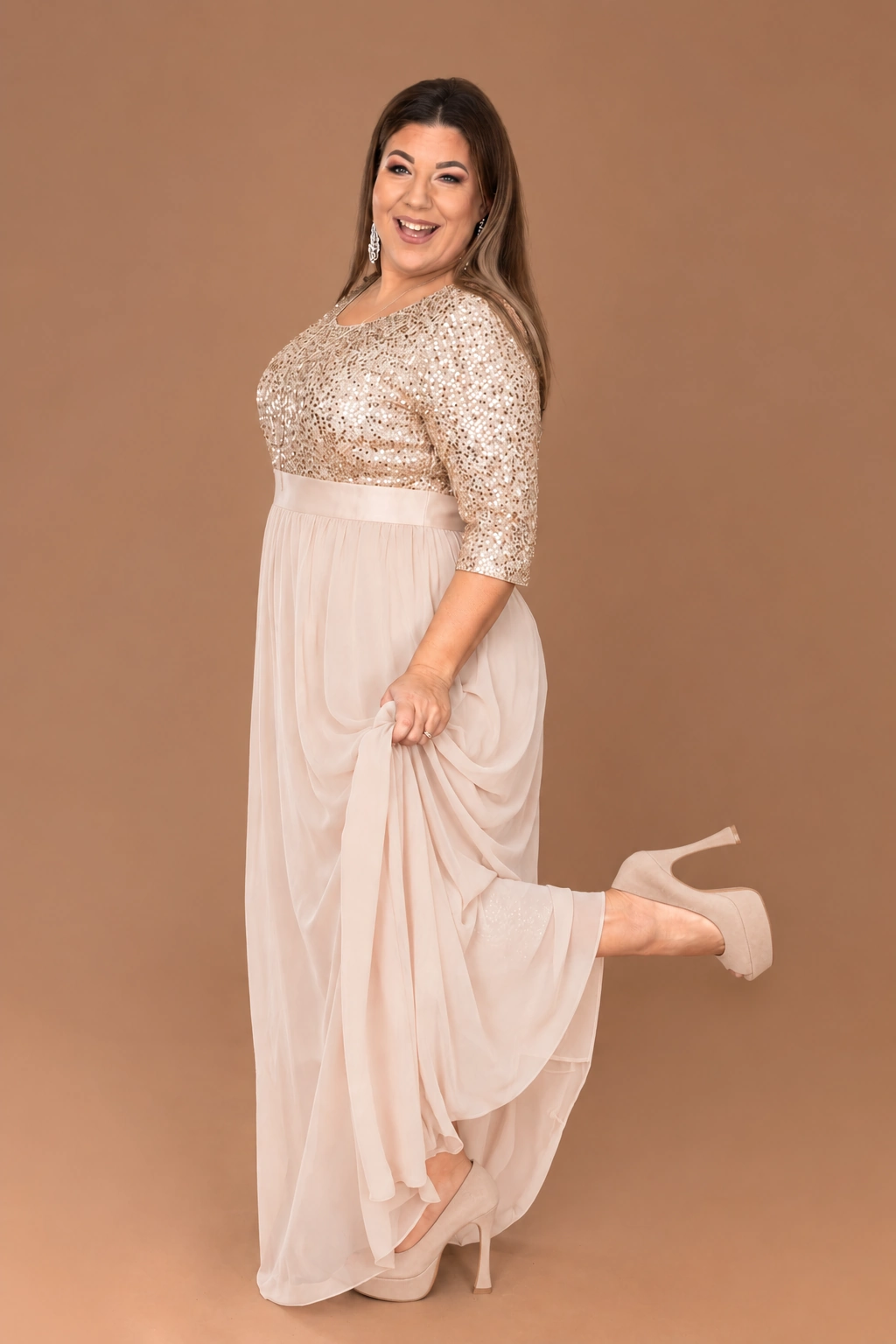 CHARLINE, Plus Size Flitteres Alkalmi Maxi Ruha PÚDER 48-56-os méretig