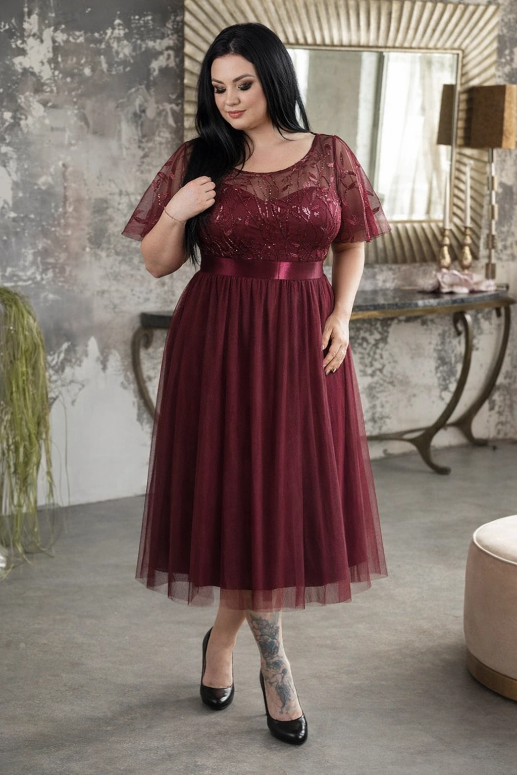 KESSY Flitteres, tüll, elegáns koktélruha 36-54-es méretig Burgundy