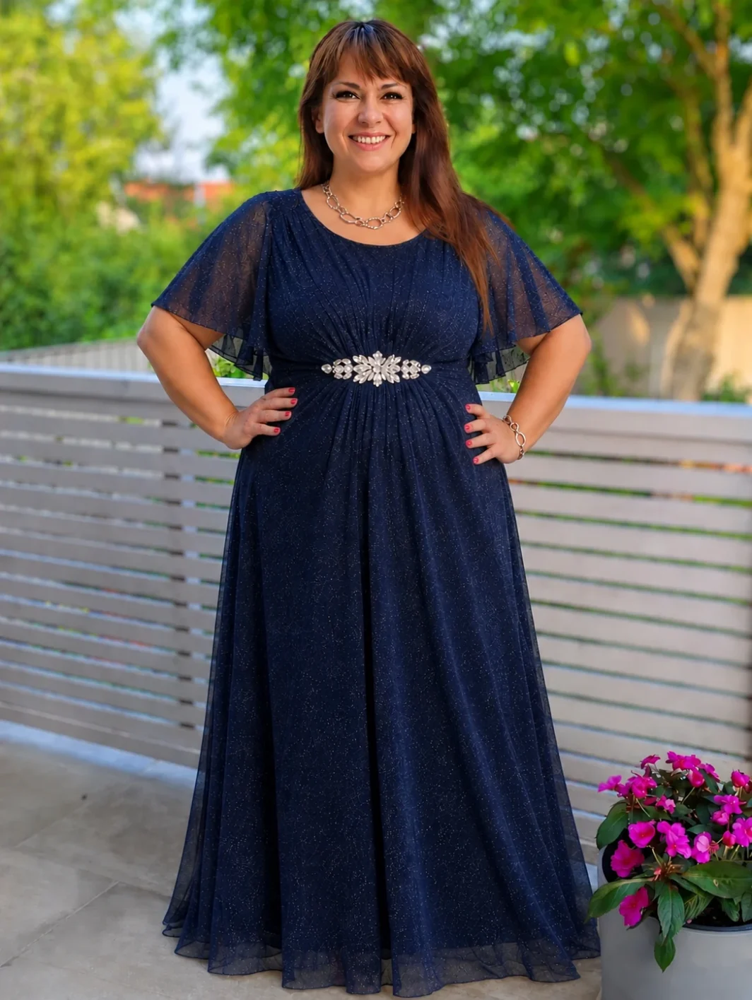 GABRIELLA, LUREX sötétkék (navy) glitteres alkalmi maxi ruha mell alatti fényes díszkapoccsal 34-54-es méretig